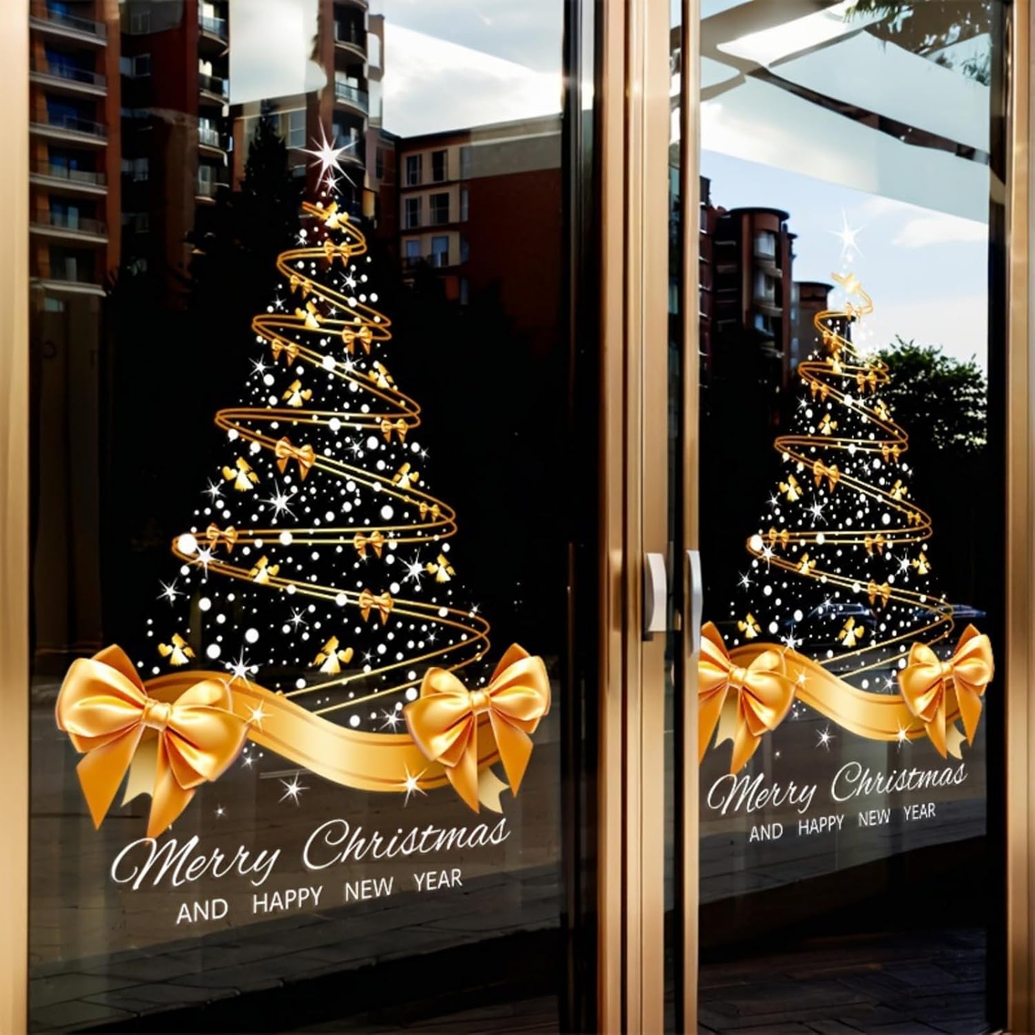 Christmas Window Clings Golden Large Christmas Tree Window Clings Stickers for Glass Door Electrostatic Sticker, Double Sided Winter Xmas Clings Decals for Christmas Party Decoration(25.5in*17.7in)