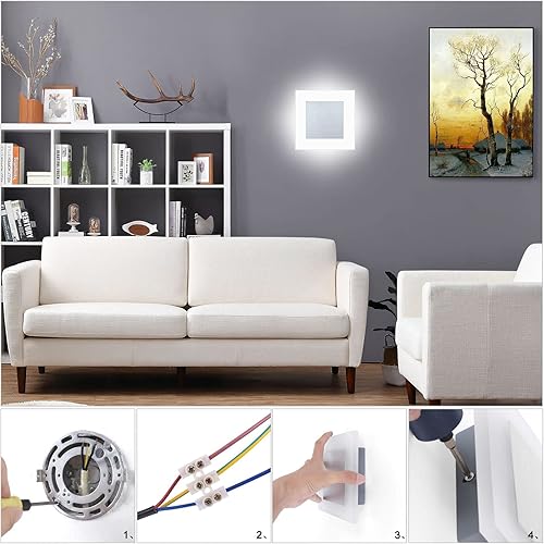 Miniatura 5 de Kawell Apliques de pared LED modernos de 10 W, lámpara de pared LED cuadrada de acrílico para interiores, lámpara de pared LED minimalista para