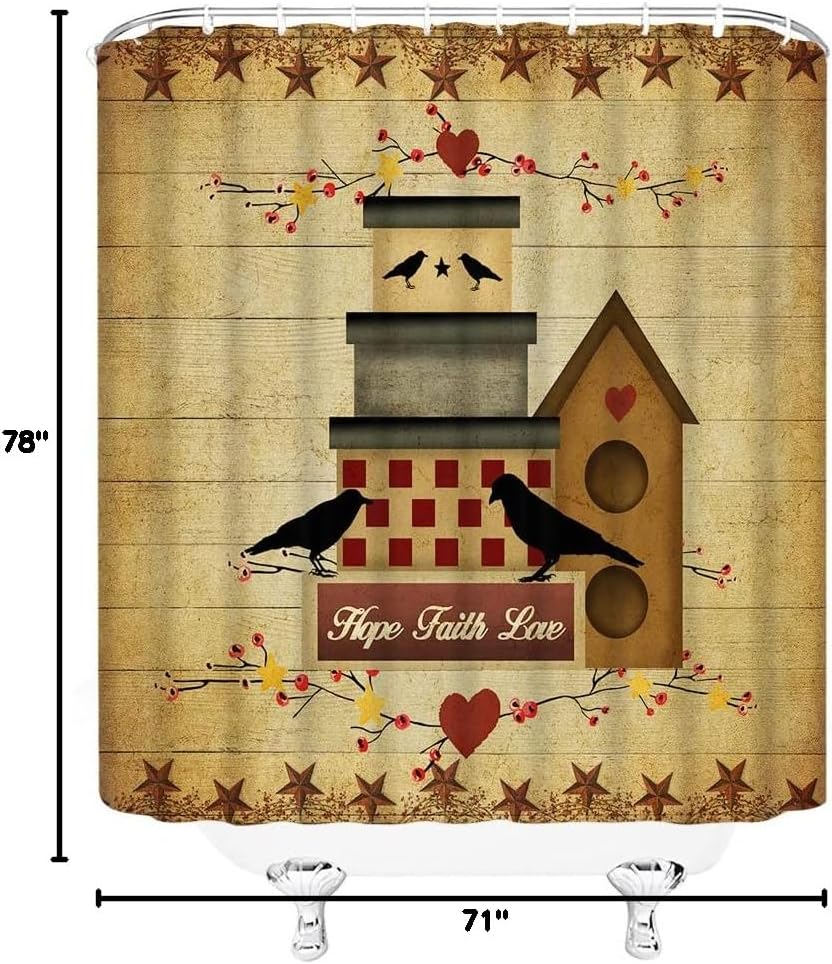 Primitive Rustic Shower Curtain Vintage Farmhouse Crow Birdhouse Hope Faith Love Rusty Star Wooden Board Country Barn Door Twigs Pip Berry Farm Retro Bathroom Home Decor with Hooks,Tan Yellow