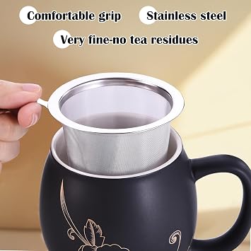 Yundu 12 OZ Ceramic Mug with Lid & Tea Strainer - Matte Black Tea Cup with Golden Flower, Stainless Steel Infuser for Loose Leaf Tea