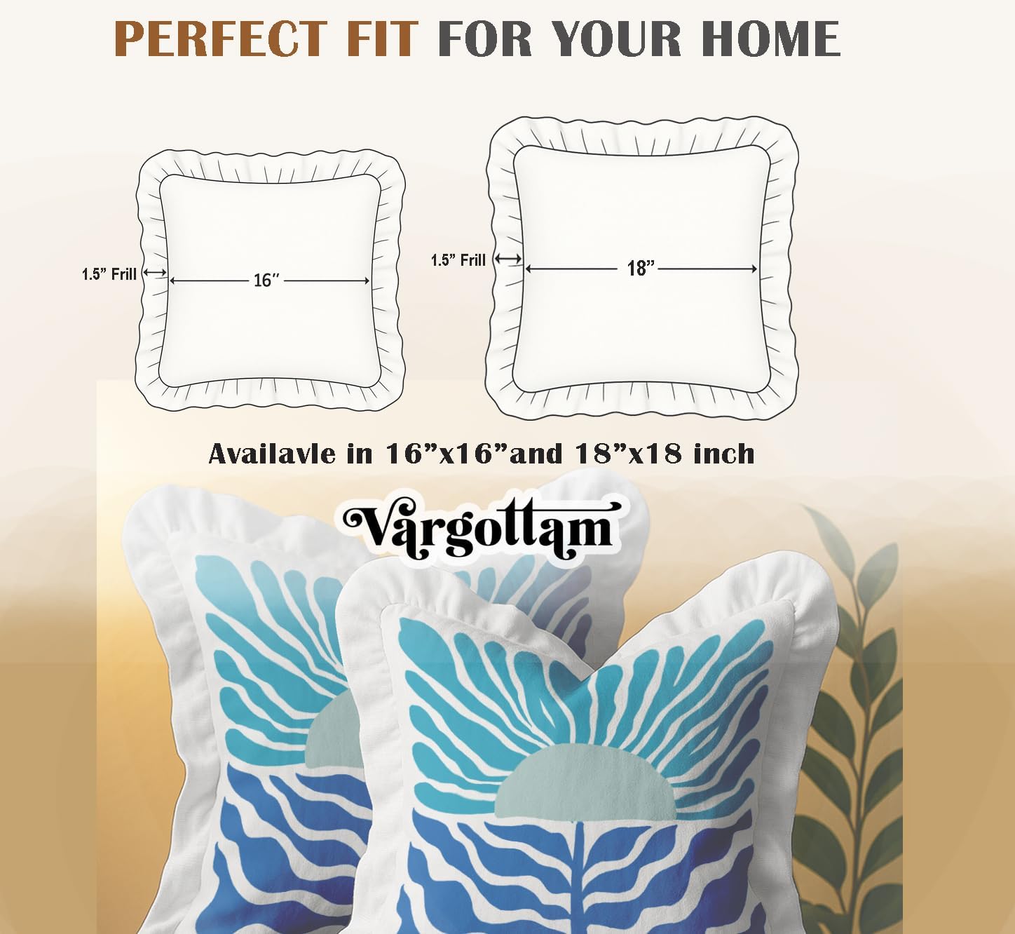16x16 Cotton Cushion Covers Set of 2 - Double-Sided Printed Frill Pillow Covers with Zipper, Floral Print, Farmhouse Style, 100% Cotton Twill, No Filler