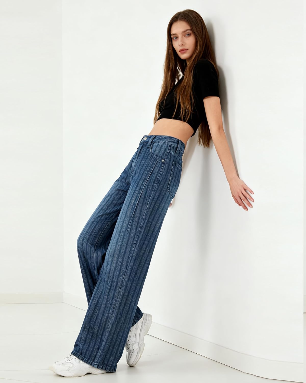 Women's Striped Jeans Mid Rise Barrel Baggy Jeans 90S Vintage Wide Leg Casual Denim Pants - Image 4