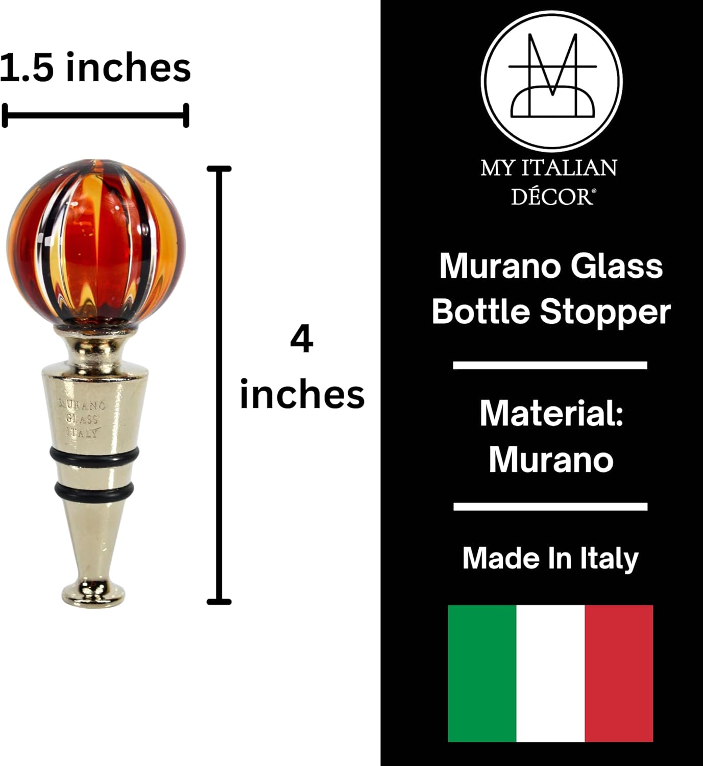 Handmade Murano Glass Wine Bottle Stopper, ONE STOPPER in Red, 4" Length, Wine Saver Stopper, Decorative Wine Bottle Stoppers for Wedding, Holiday Party, Gift, Bar, Made In italy