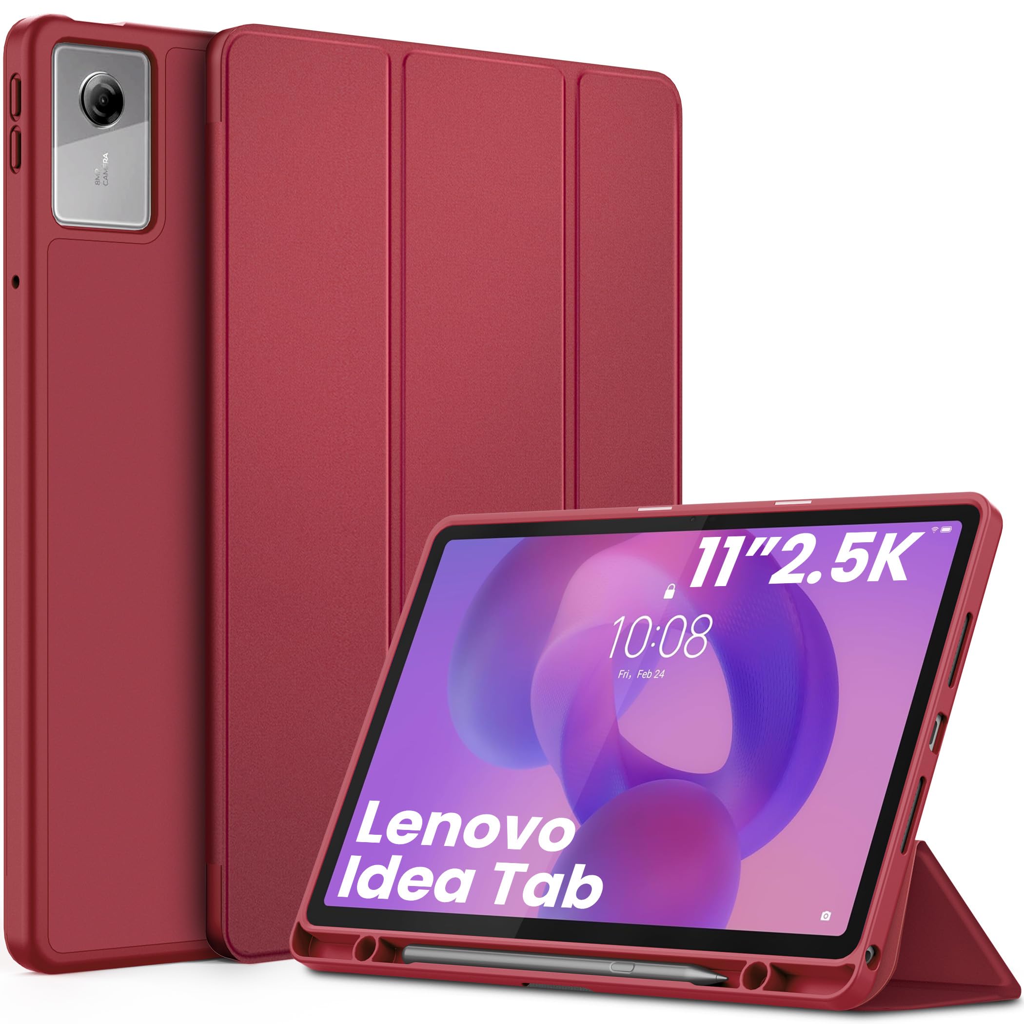 EasyAcc - Custodia per Lenovo Idea Tab, tablet da 11 pollici 2025 con supporto per penna TB-336ZU TB-336FU, ultra sottile con funzione di supporto, custodia in PU in pelle (Rosso vino)