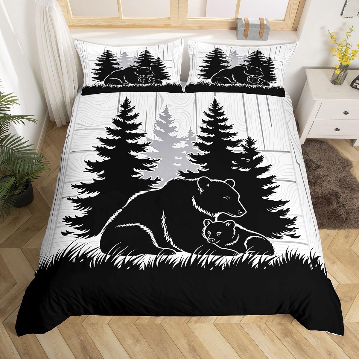 Castle Fairy Black White Bear Duvet Cover Twin Size Room Decor