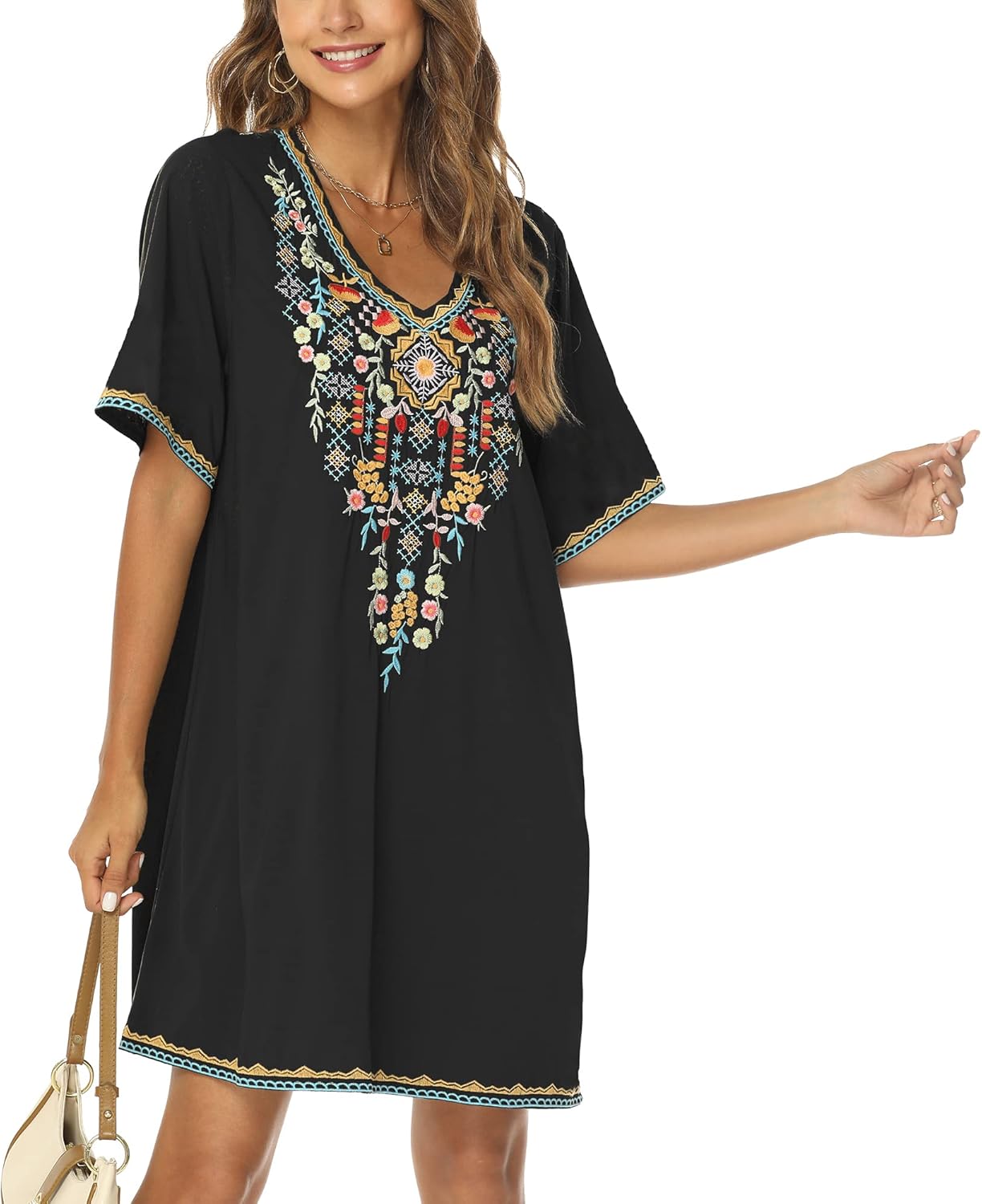 Grosy Women's Embroidered Mexican Peasant Dresses, Plus Size Fiesta Boho Dress for Women, Traditional Floral Bohemian Tunic - Image 2