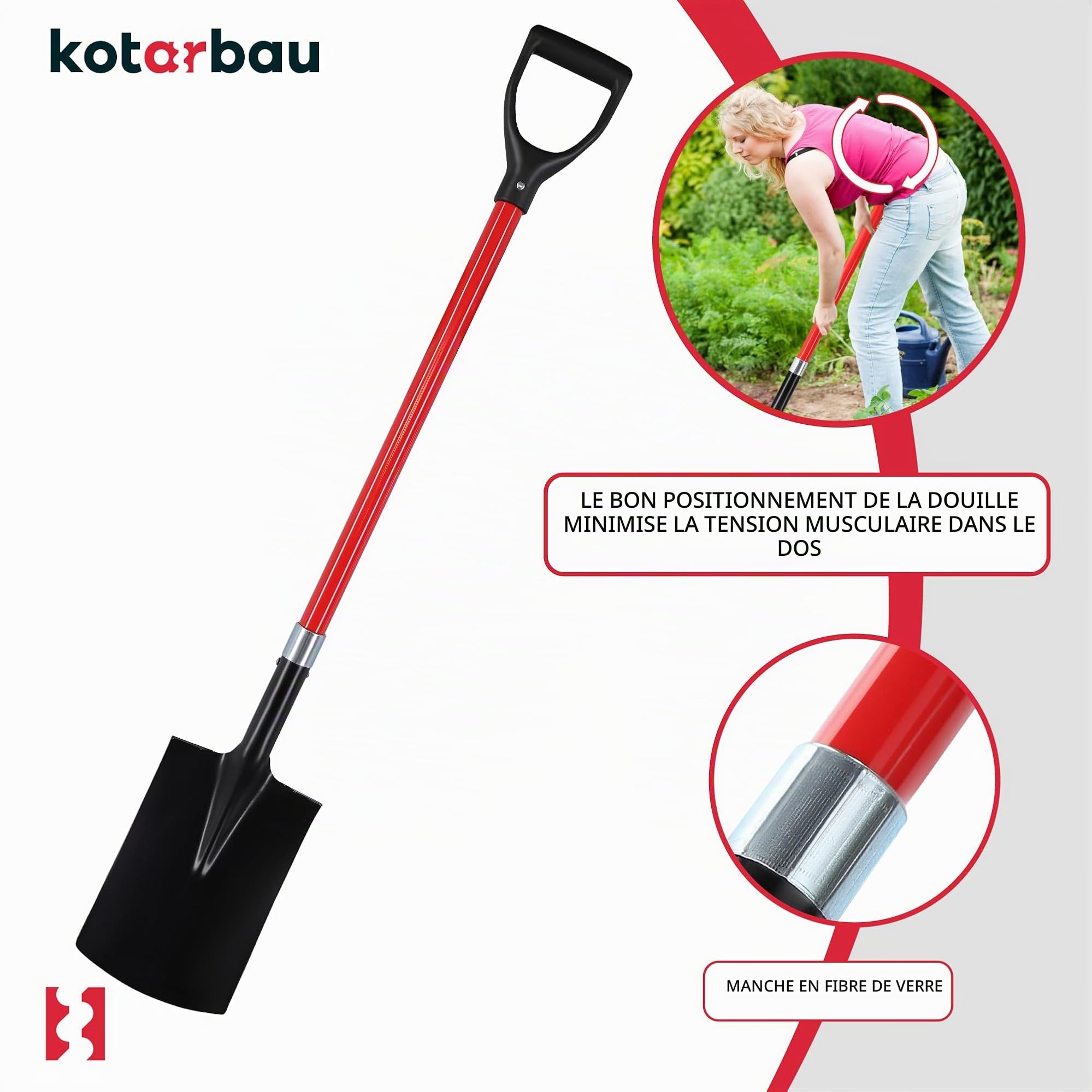 KOTARBAU® Bêche de Jardin 185 x 300 mm Pelle Rectangulaire avec Manche en Fibre de Verre 116 cm Accessoire de Jardinage Accessoires de Plantation