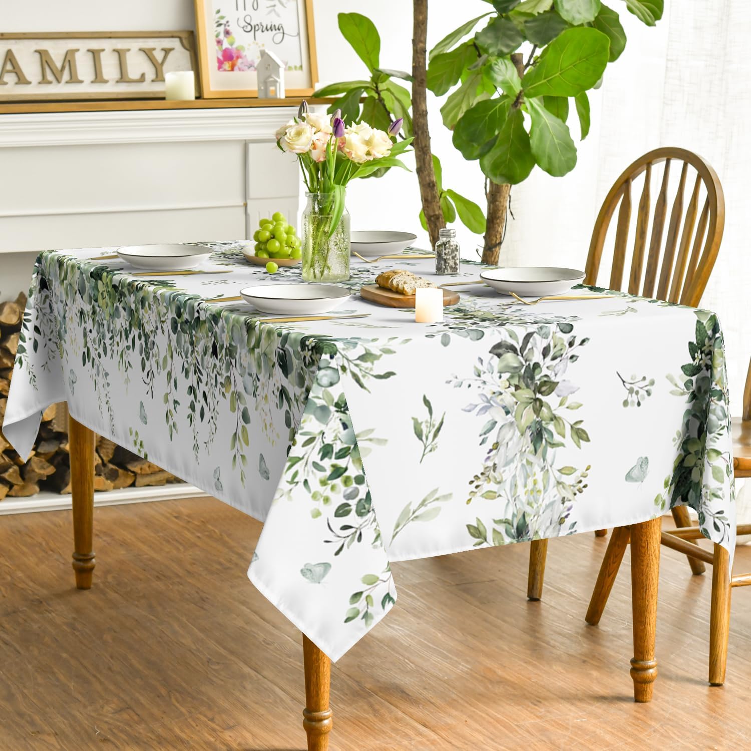 Horaldaily Spring Tablecloth 60 x 84 Inch Rectangular Green Eucalyptus | Seasonal Washable Table Cover for Party Picnic Dinner Decor