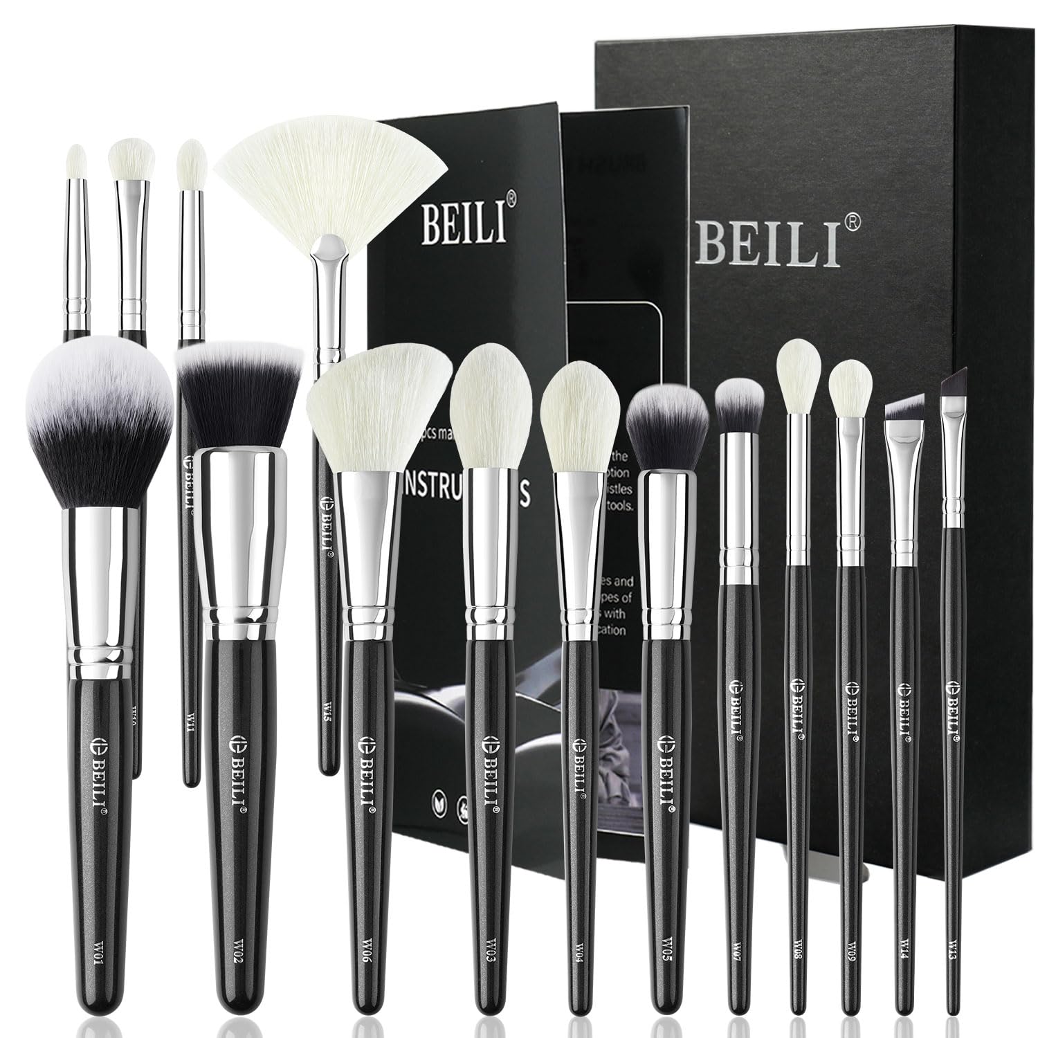 BEILI 15PCS Brochas de Maquillaje Juego de Brochas de Maquillaje Profesional Brochas para Base en Polvo, Corrector, Cejas, Sombra de Ojos, Contorno, Delineador de Ojos, Brocha para Mezclar Ojos
