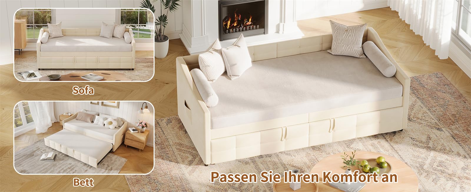 BestAlice Sofa do spania 90 x 200 cm z oparciem, składana sofa z funkcją spania ze stelażem, rozkładana, pojedyncze łóżko, łóżko dzienne, tapicerowane, aksamitne, bez materaca, kremowa