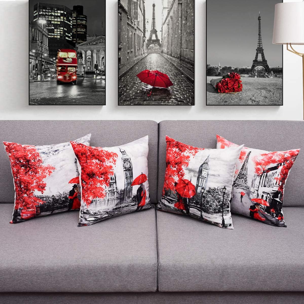 BLEUM CADE 4 Packs Throw Pillow Covers Black Red Color Eiffel Tower Big Ben Modern Couple Under Square Throw Pillow Cover Decorative Pillow Case Home Decor 18 x 18 Inch