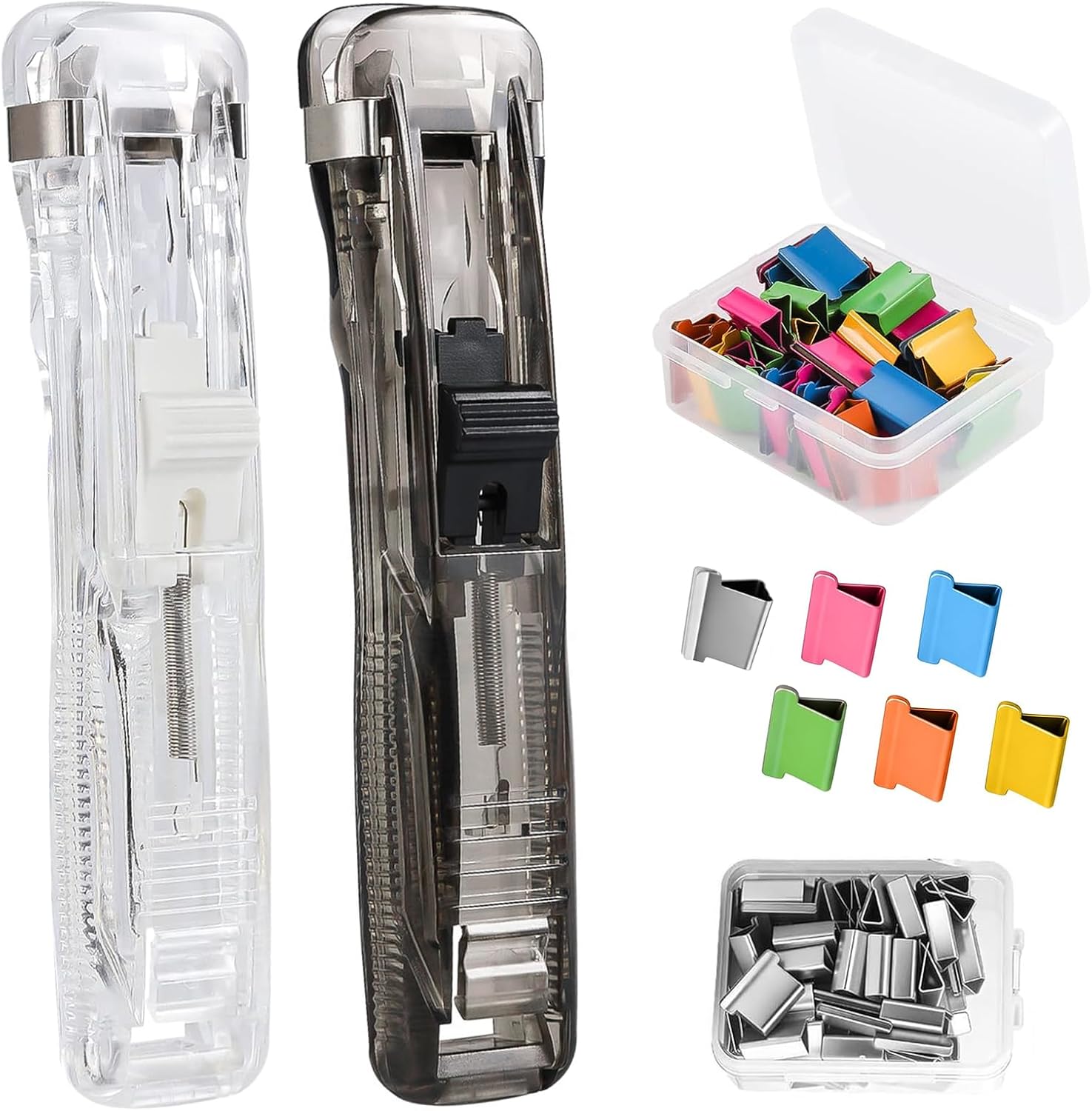 2 Pcs Portable Binder Clip Stapler, Paper Clamp Dispenser with 100 Reusable Metal Clips, Stapleless Paper Fastener for Home School Office Supplies