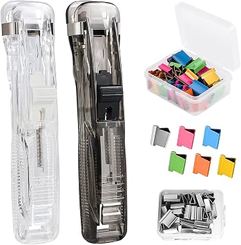 2 Pcs Binder Clip Stapler, Paper Clamps Dispenser with 100 Refill Clips
