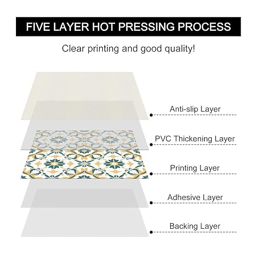 Miniatura 2 de 10 azulejos de suelo retro de 12 x 12 pulgadas, color amarillo y verde azulado con flores repetitivas, despegar y pegar, autoadhesivas,