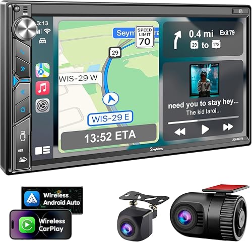 Estéreo de auto doble DIN con cámara de salpicadero, control de voz Carplay, Android Auto, controles del volante, pantalla táctil HD de 7 pulgadas,
