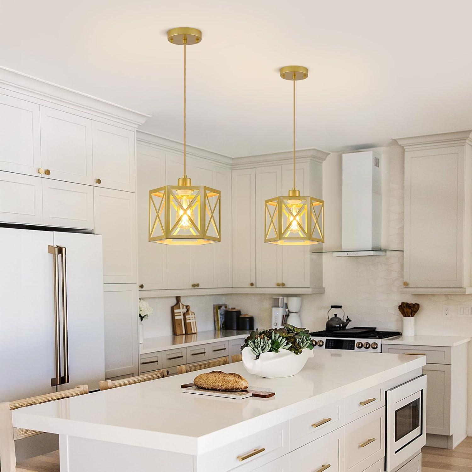 2 Pack Gold Pendant Lights, Modern Farmhouse Hanging Light Fixture with Hexagonal Cage, Vintage Brass Metal Ceiling Lights, Adjustable Lantern Pendant Lighting for Kitchen Island Sink Hallway