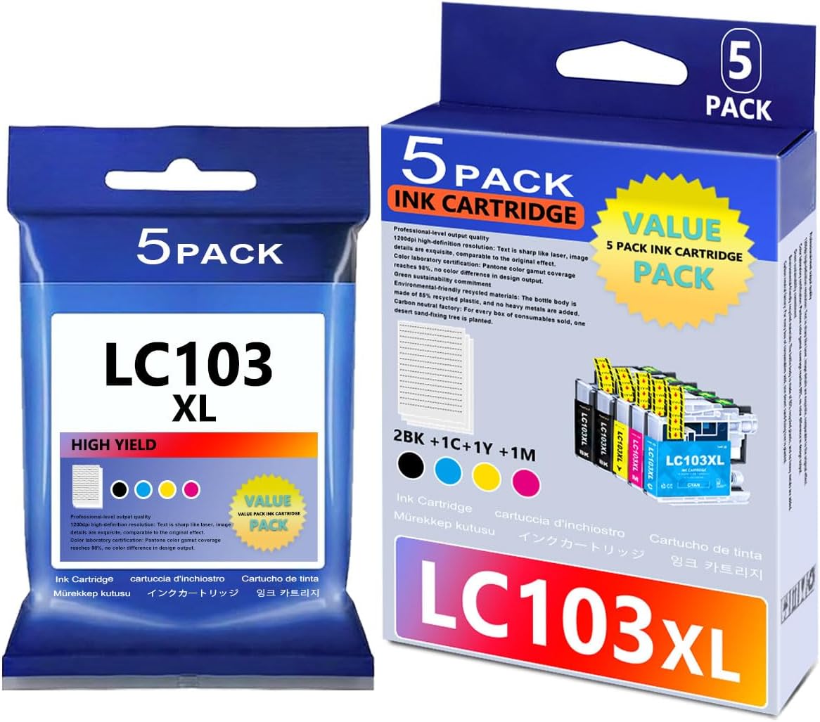 LC103XL High Yield Ink Cartridges 5-Pack (2BK/C/M/Y) Replacement for Brother Ink LC101XL LC103 XL for MFC-J245 MFC-J285DW MFC-J450DW MFC-J470DW Printer
