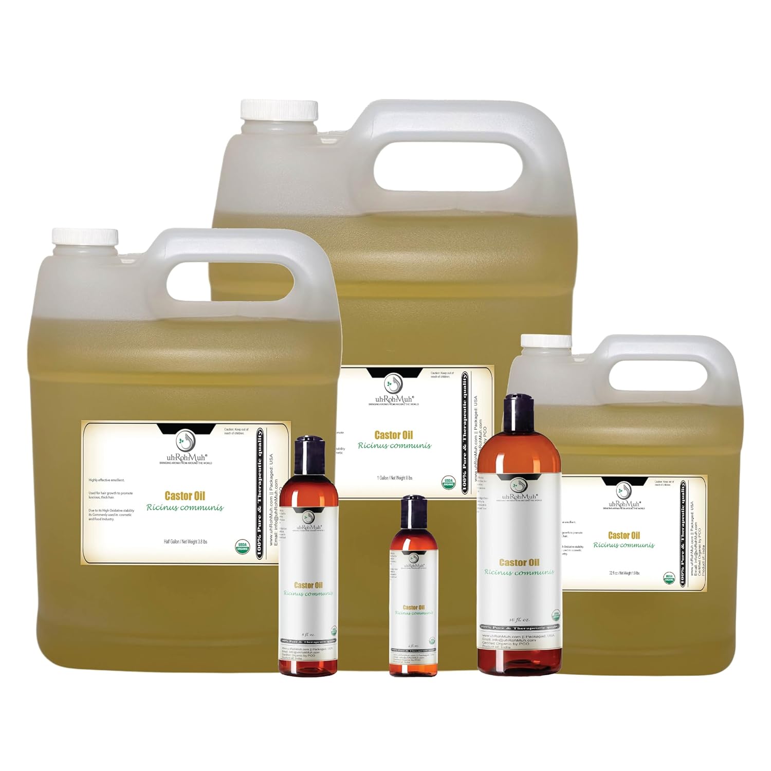 uh*Roh*Muh Pure Organic Castor Oil | USDA Certified Caster Oils in Plastic Bottle | Cold Pressed Caster Oil For Hair Growth, Eyelashes, Eyebrows & Skin | India | 1 Gallon (Net Wt. 3.8 kg / 8.4 lb)