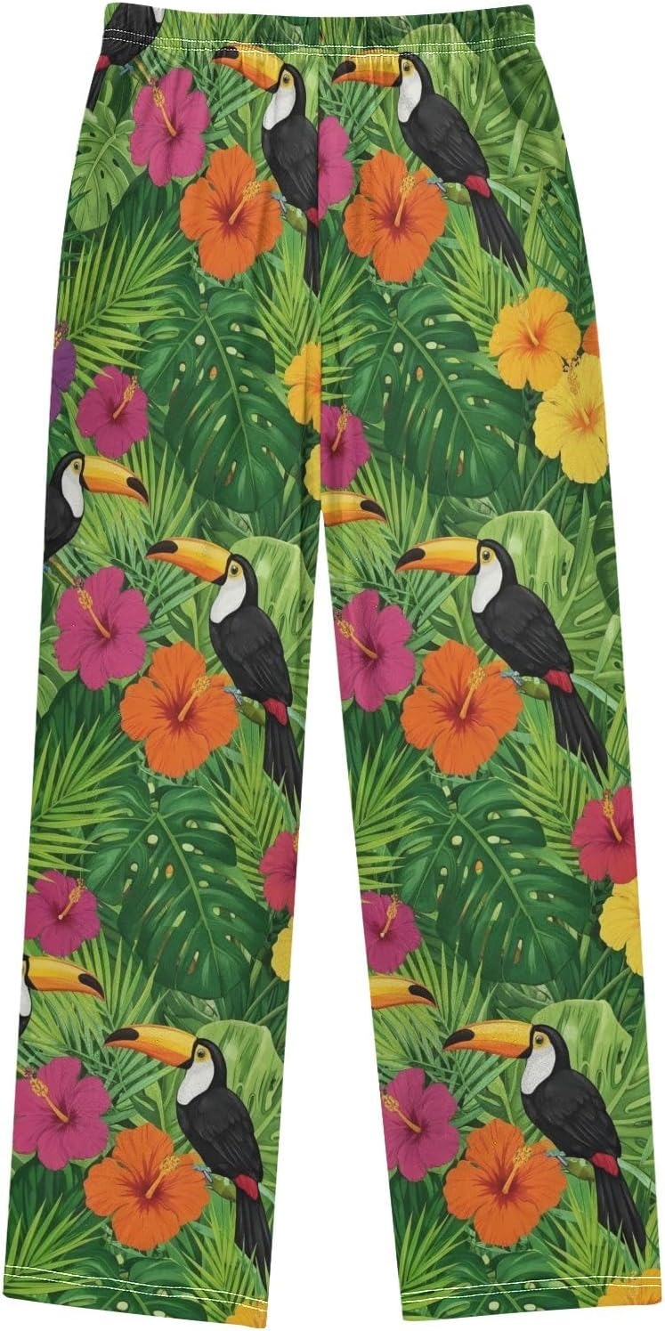 Tropical Flower Leaf Toucan Green Pajama Pants with Elastic Waist and Pockets, Soft Cozy Loungewear