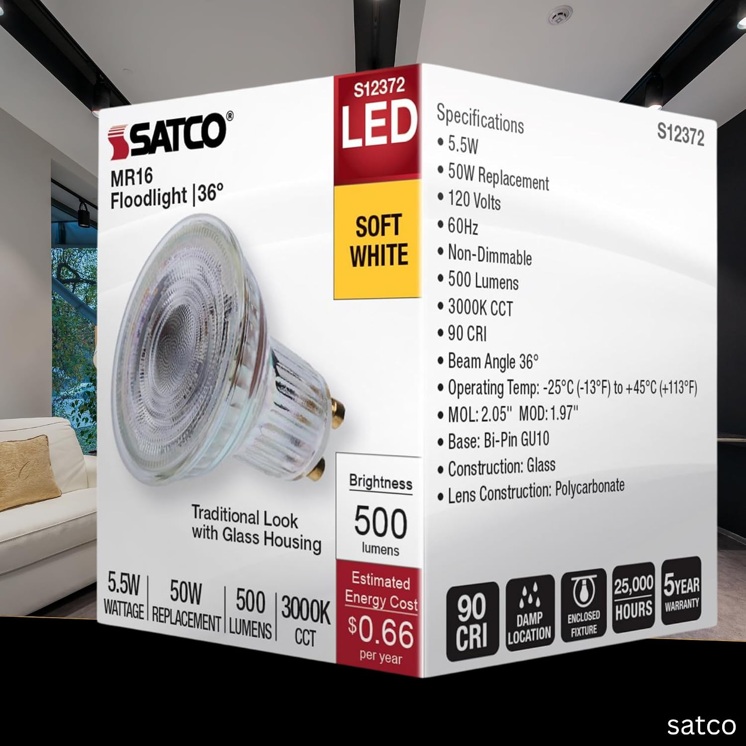 Satco LED MR16 Floodlight 5.5W 50W Equivalent 3000K Soft White 90+ CRI 36° Beam GU10 Twist-Lock Base 120V Dimmable Clear Finish – Part S12372 (2 Pack)