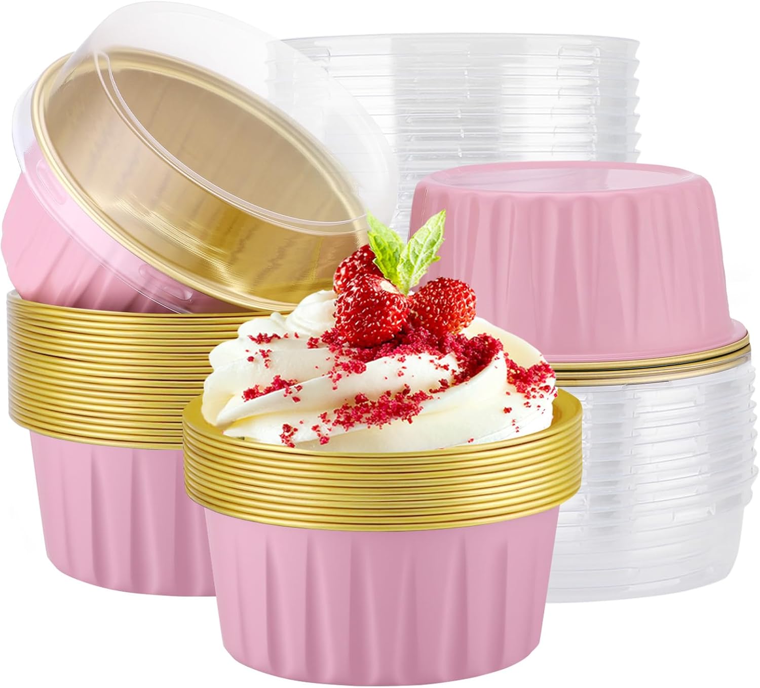 EUSOAR Cupcake Containers with Lids, 25pcs 5oz Disposable Ramekins Aluminum Foil Dessert Baking Cups Liners, Mini Muffin Creme Brulee Ramekins Cheesecake Pan for Catering Wedding Party Favor-Red+Gold