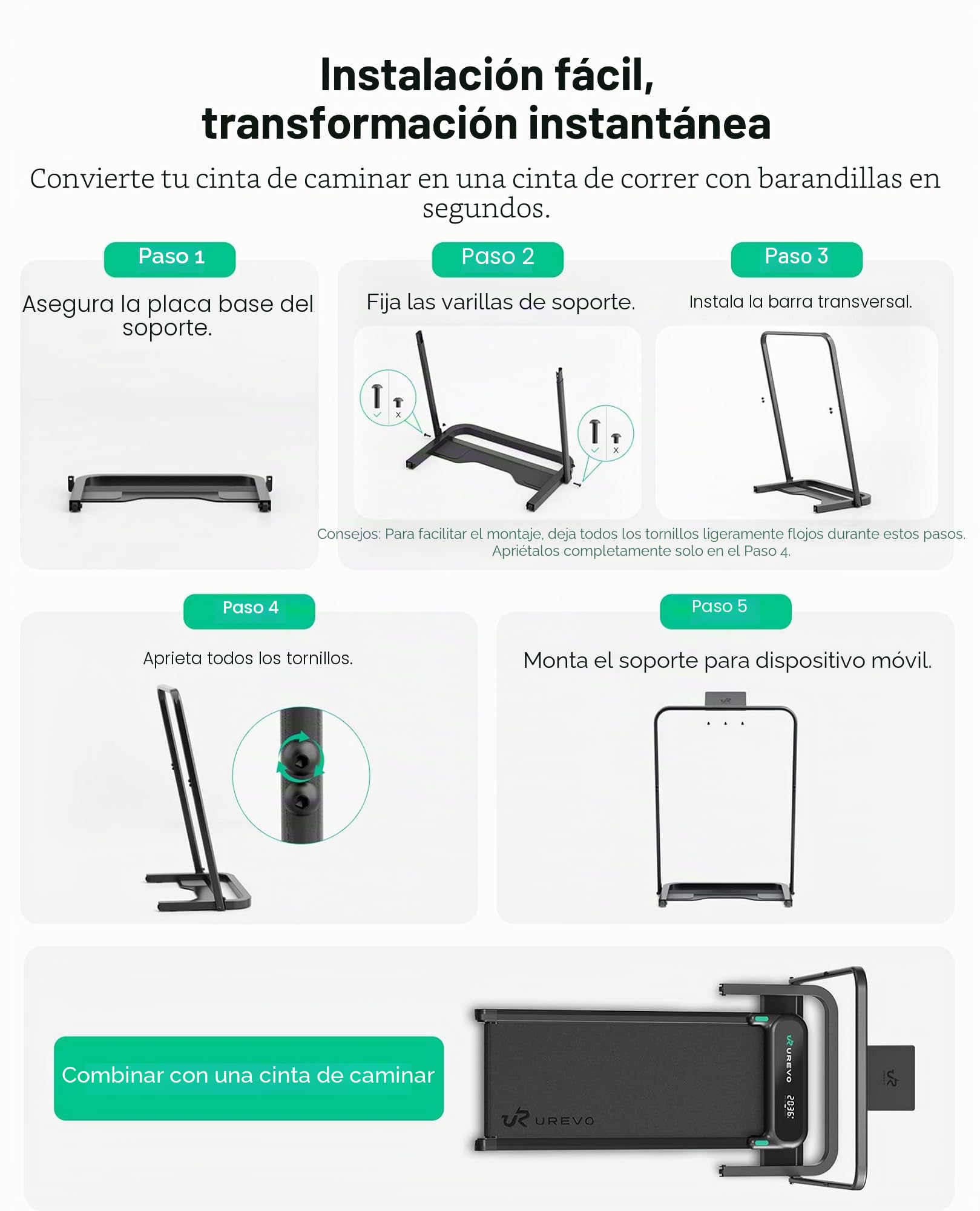Walking Pad - Asa universal para caminadora y cinta de correr de hasta 60 cm de ancho, con ruedas, fácil montaje, construcción robusta