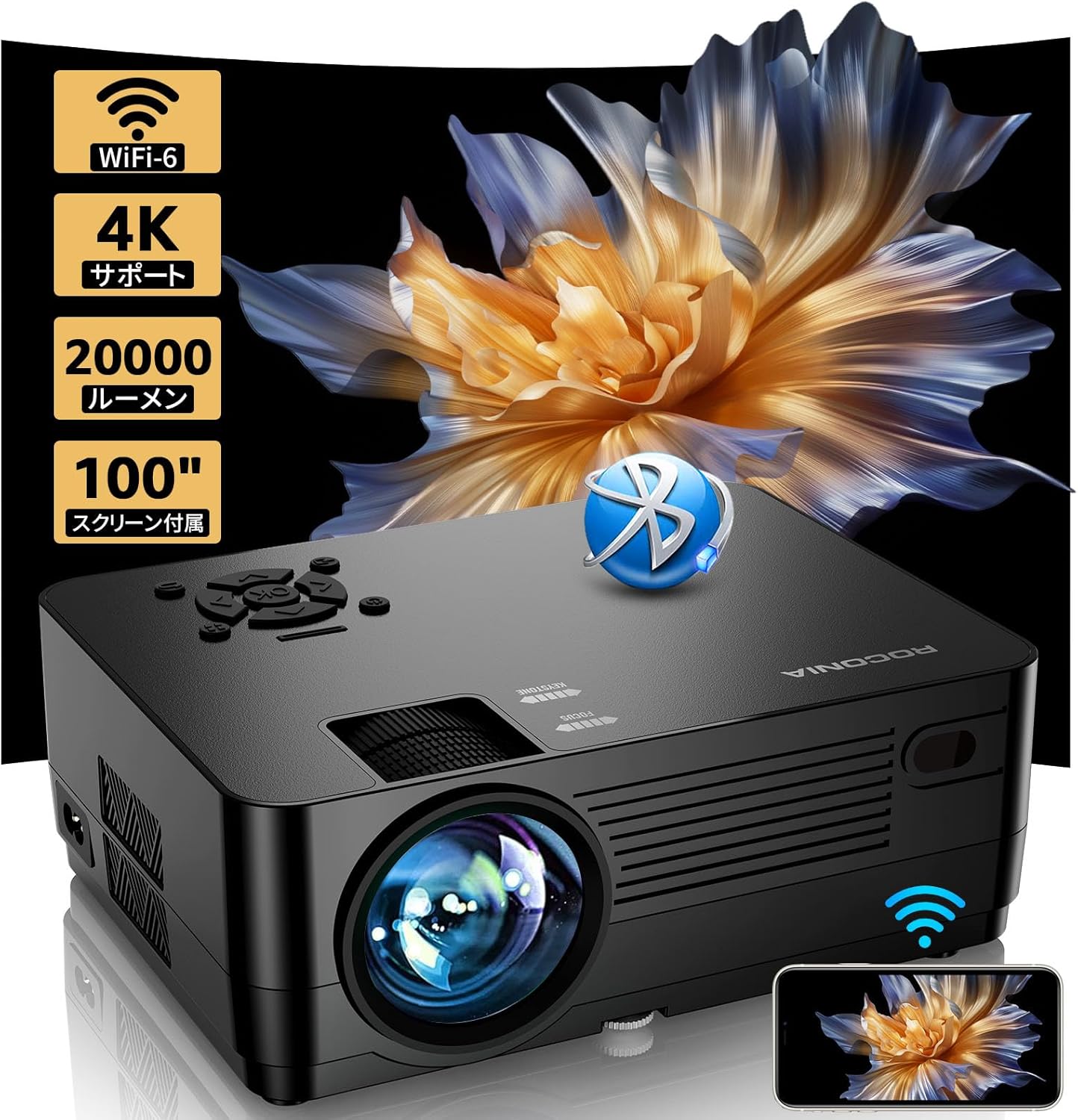 Amazon.co.jp Roconia Projector, High Speed Wifi6, BiDirectional