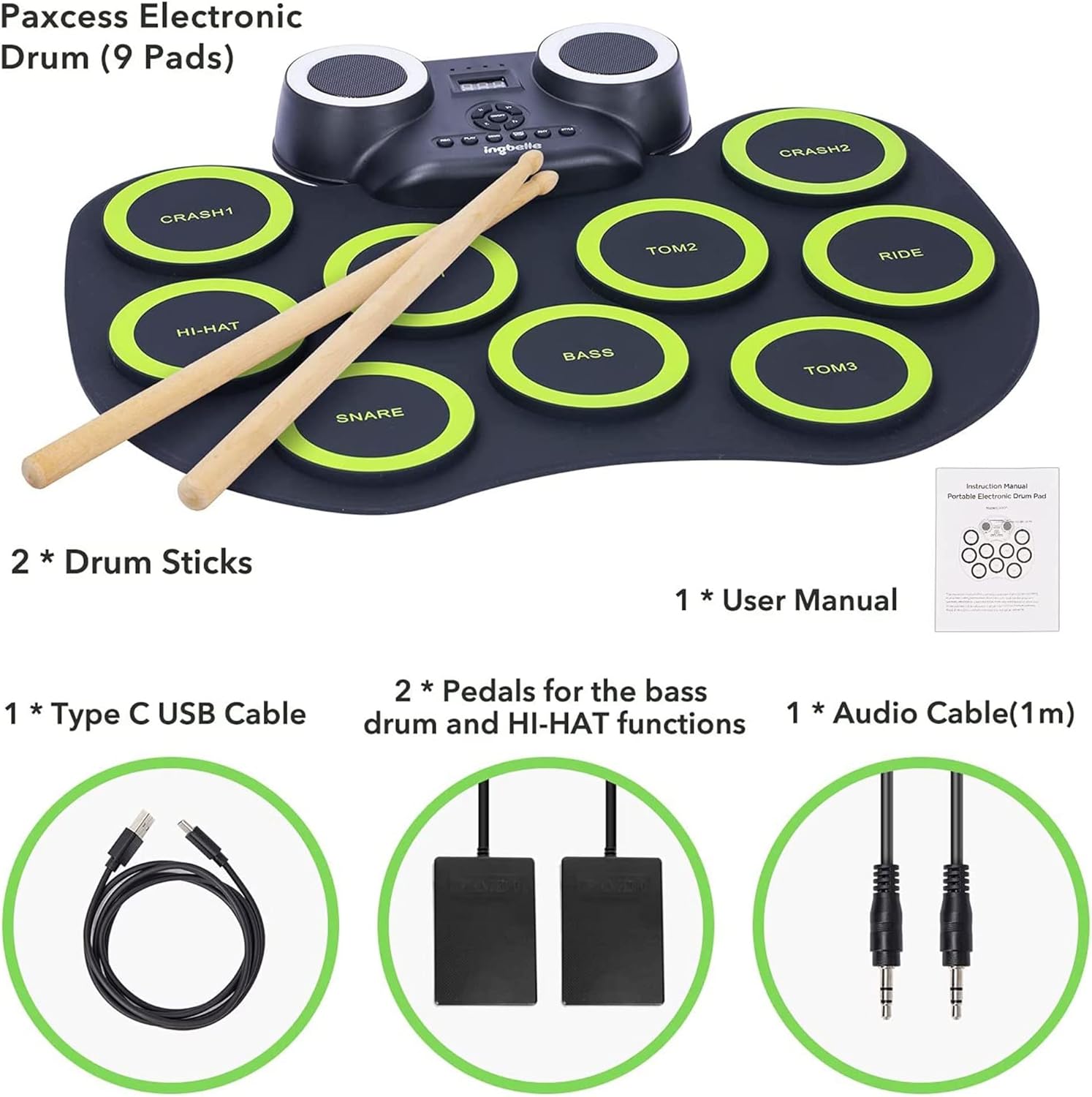 Contents of the ingbelle PAXCESS G6009 electronic drum set box, including the drum pad, drumsticks, foot pedals, USB cable, audio cable, and user manual.