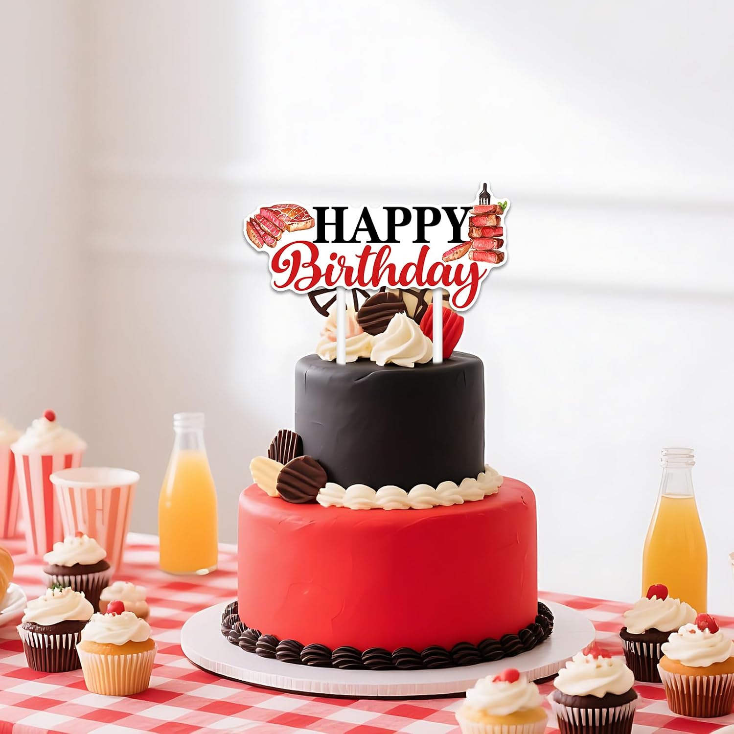 Red Beefsteak Cake Topper Meat BBQ Birthday Party Decorations Beef Steak Barbecue Happy Birthday Cake Topper Double-Sided Printing for Boys Girls BBQ Picnic Camping Theme Birthday Party Supplies image 2