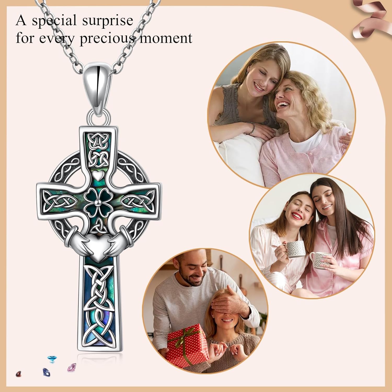 925 Sterling Silver Abalone Shell Celtic Cross Necklace Irish Knot Christian Amulet Pendant Gift for Women Men - Image 7