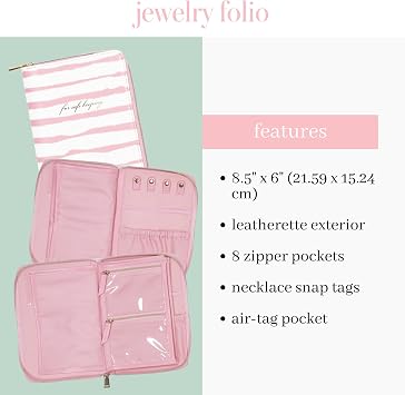 kate spade new york Travel Jewelry Folio, 8.5 x 6 Organizer with 8 Zippered Pockets, Necklace Tabs & Tracker Pocket, Leatherette Case with For Safe Keeping Quote (Goddess Stripe)