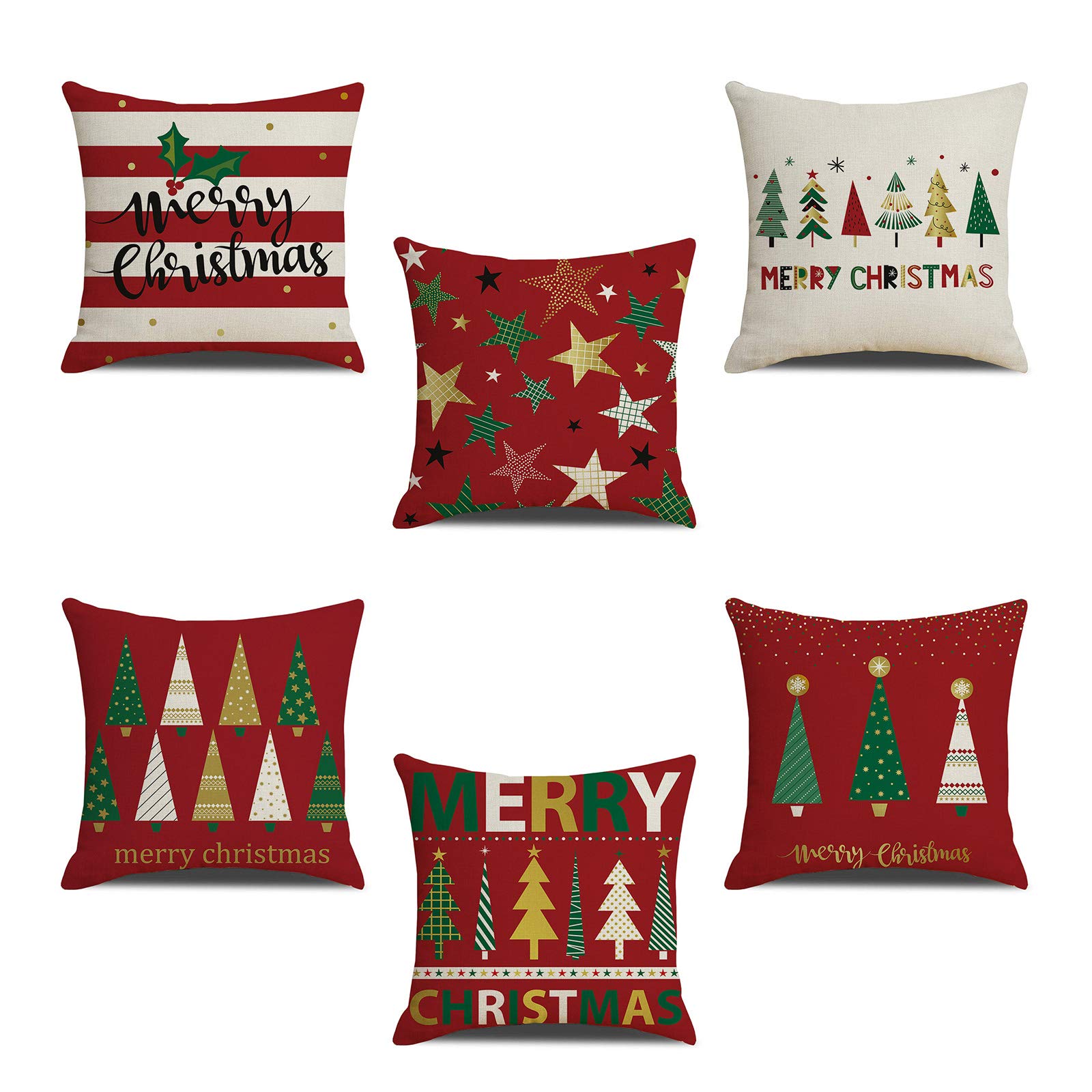Housses de coussin de Noël colorées lot de 6 taies lin arbre étoile fête vacances maison