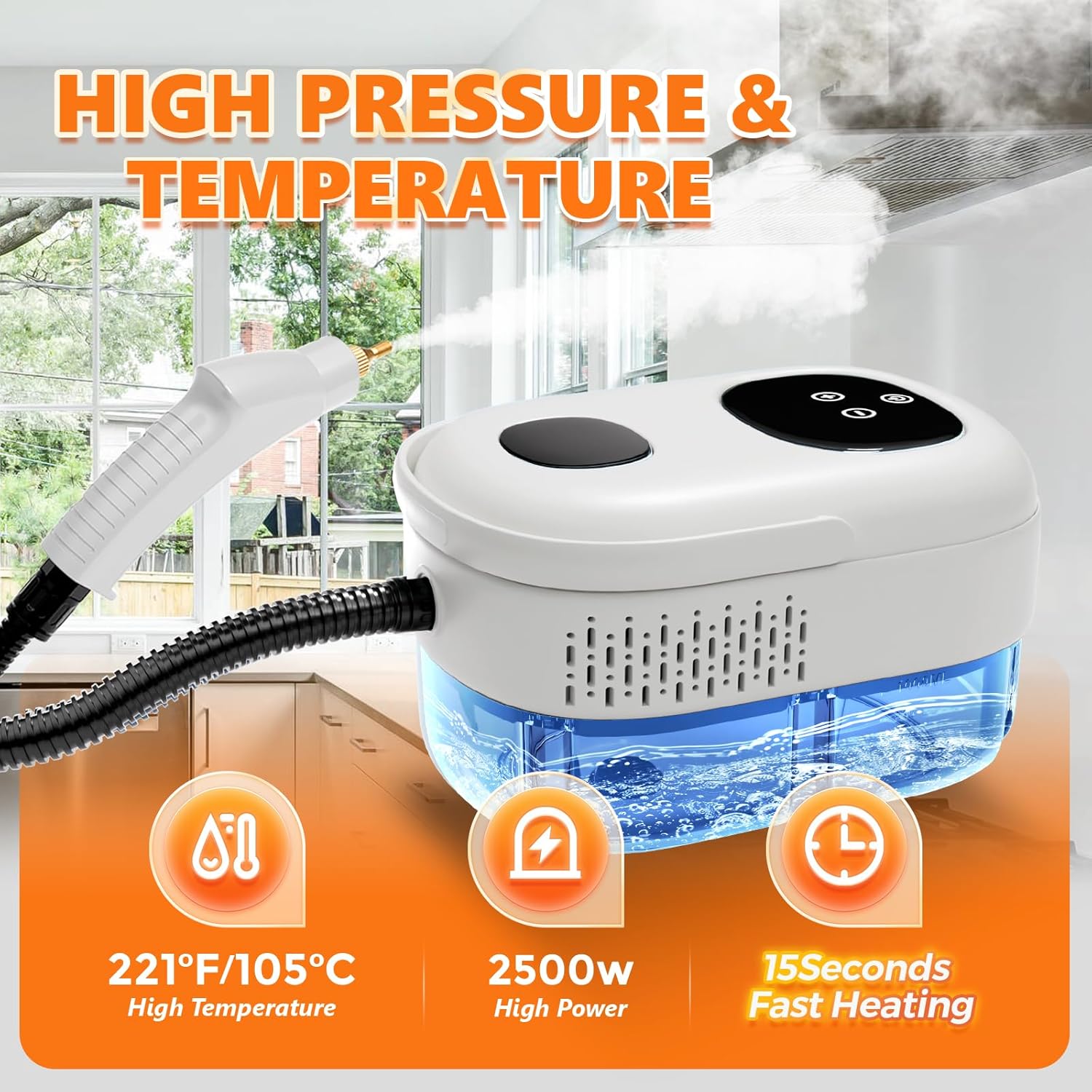 High pressure and temperature steam cleaner with 221F, 2500W, 15s fast heating indicators