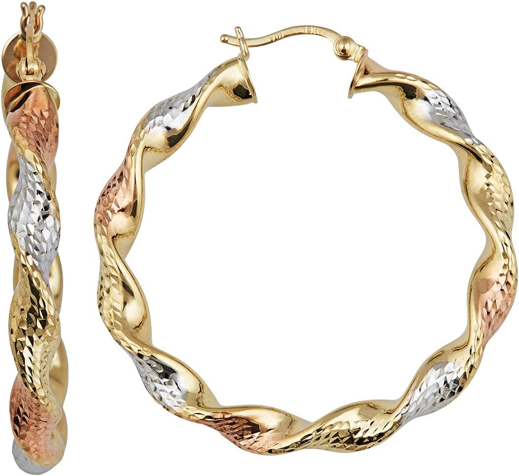14k Tri Color OR Two Tone Gold Solid Twisted Diamond Cut Hoop Earrings for Women | 5mm Thick | Italian Gold Hoops | Twisted Hoop Earrings | Secure Click-Top | Shiny Polished Earrings, 30mm-70mm