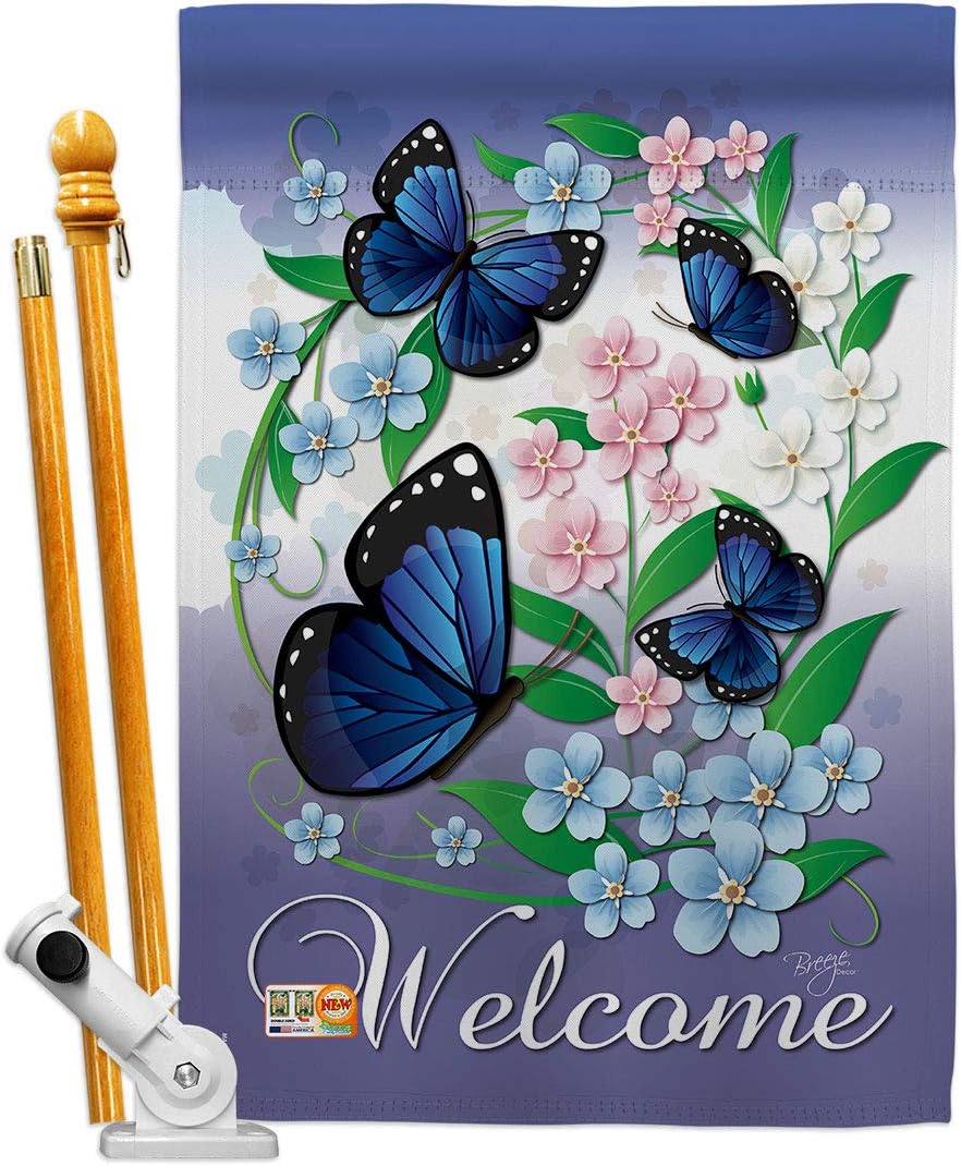 Blue Butterflies House Flag Dowel Set Garden Friends Butterfly Ladybugs Dragonfly Bee Springtime Insect Natural Wildlife Small Decorative Gift Yard Banner Made In USA 28 X 40