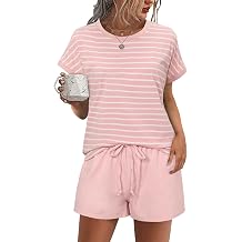 Litherday Women's Short Cotton Two-Piece Pyjama Set Summer Striped Sleepwear Short Sleeve Sleepwear Crew Neck with Pocket