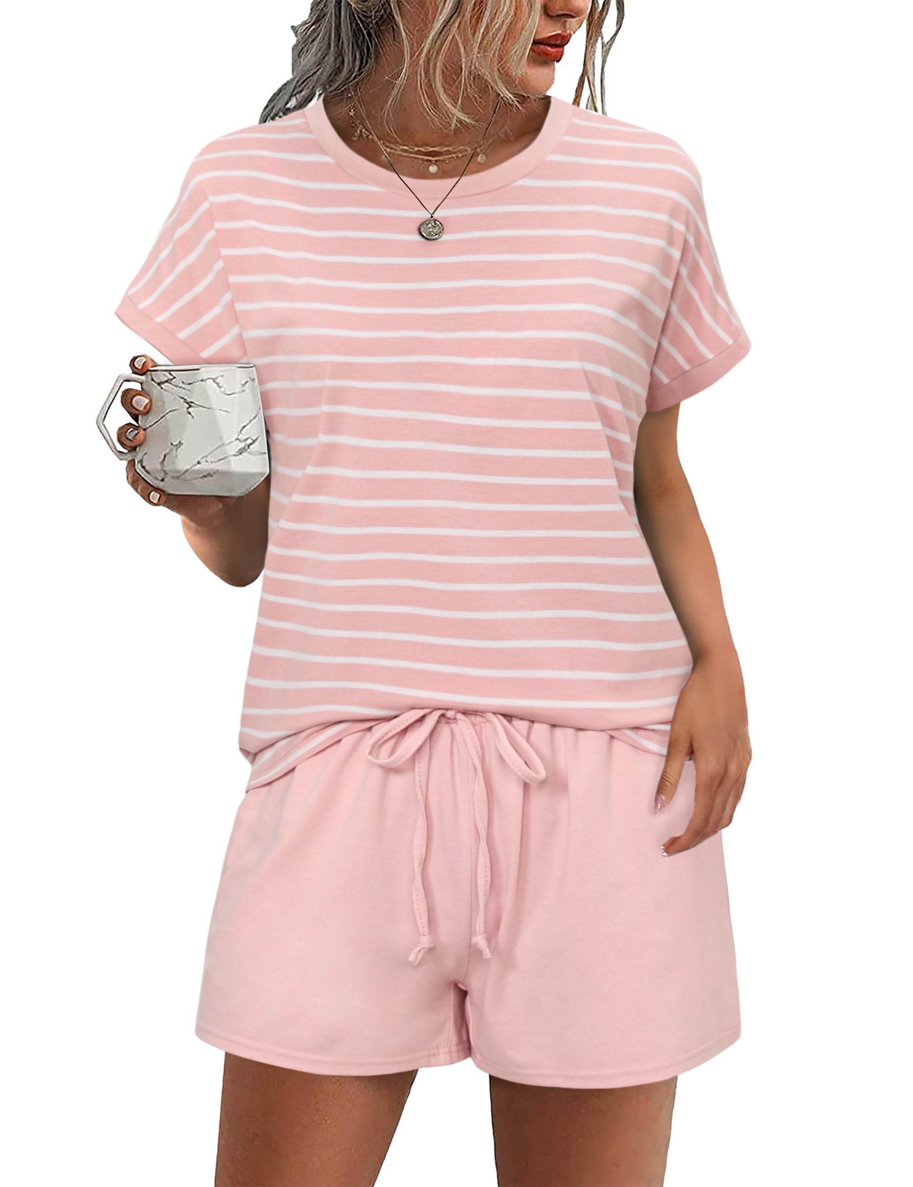 Litherday Damen Schlafanzug Kurz Pyjama Set Baumwolle Rundhals Zweiteiliger Nachtwäsche Hausanzug Gestreift Loungewear mit Taschen Rosa XL