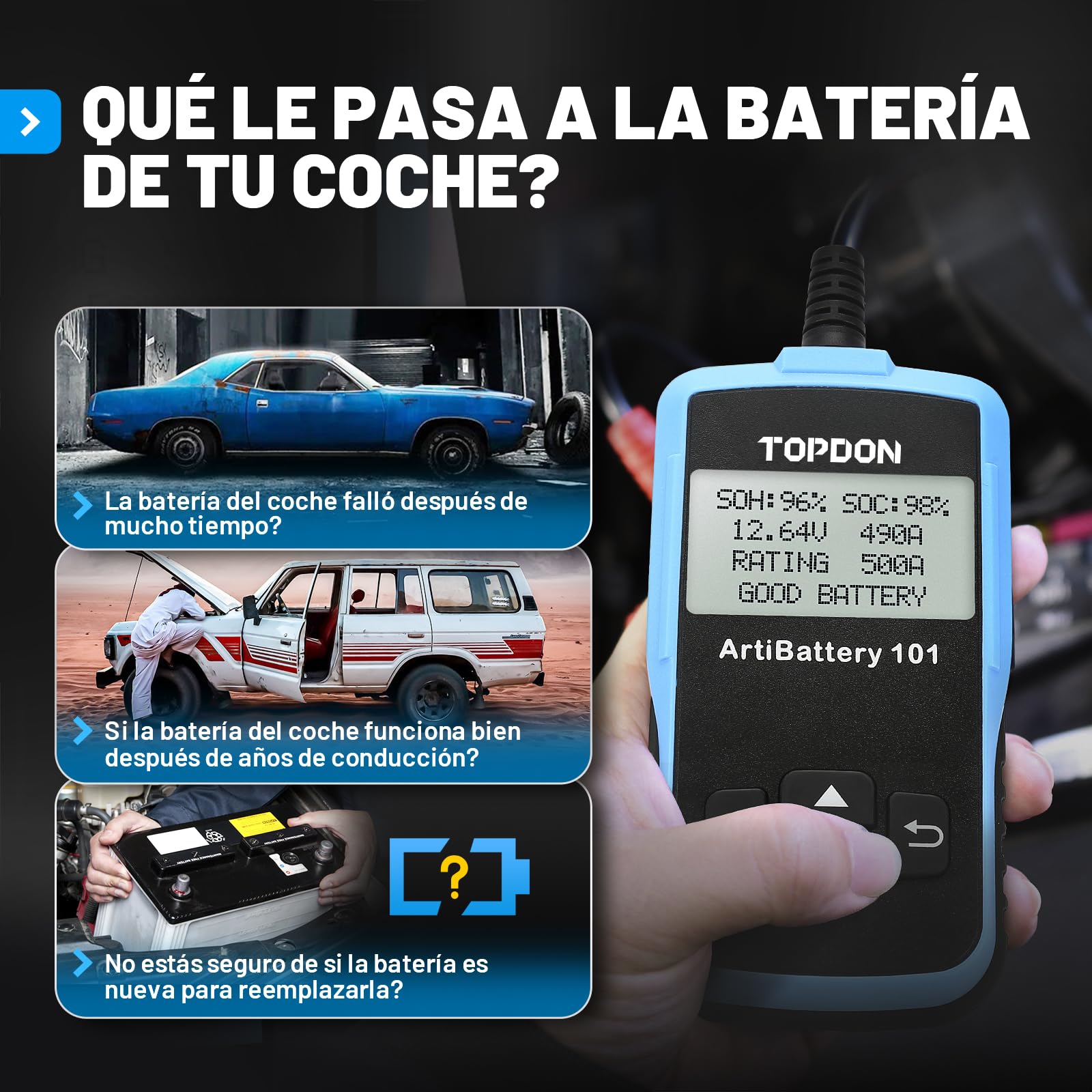 TOPDON ArtiBattery AB101 Comprobador de batería de Coche de 12 V 100 – 2000 CCA. Medidor de batería de Coche para Pruebas de Arranque y Carga, Analizador Digital para Celda húmeda/AGM/Gel/EFB