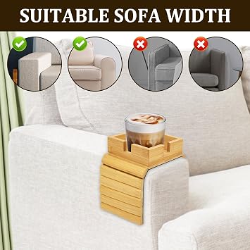 1Pack Sofa Arm Tray, Foldable Couch Cup Holder Bamboo Armrest Tray, Sofa Armrest Organiser for Drinks, Snack, and Remote, Square Couch Protector with Non-Slip Backing(1PAck)