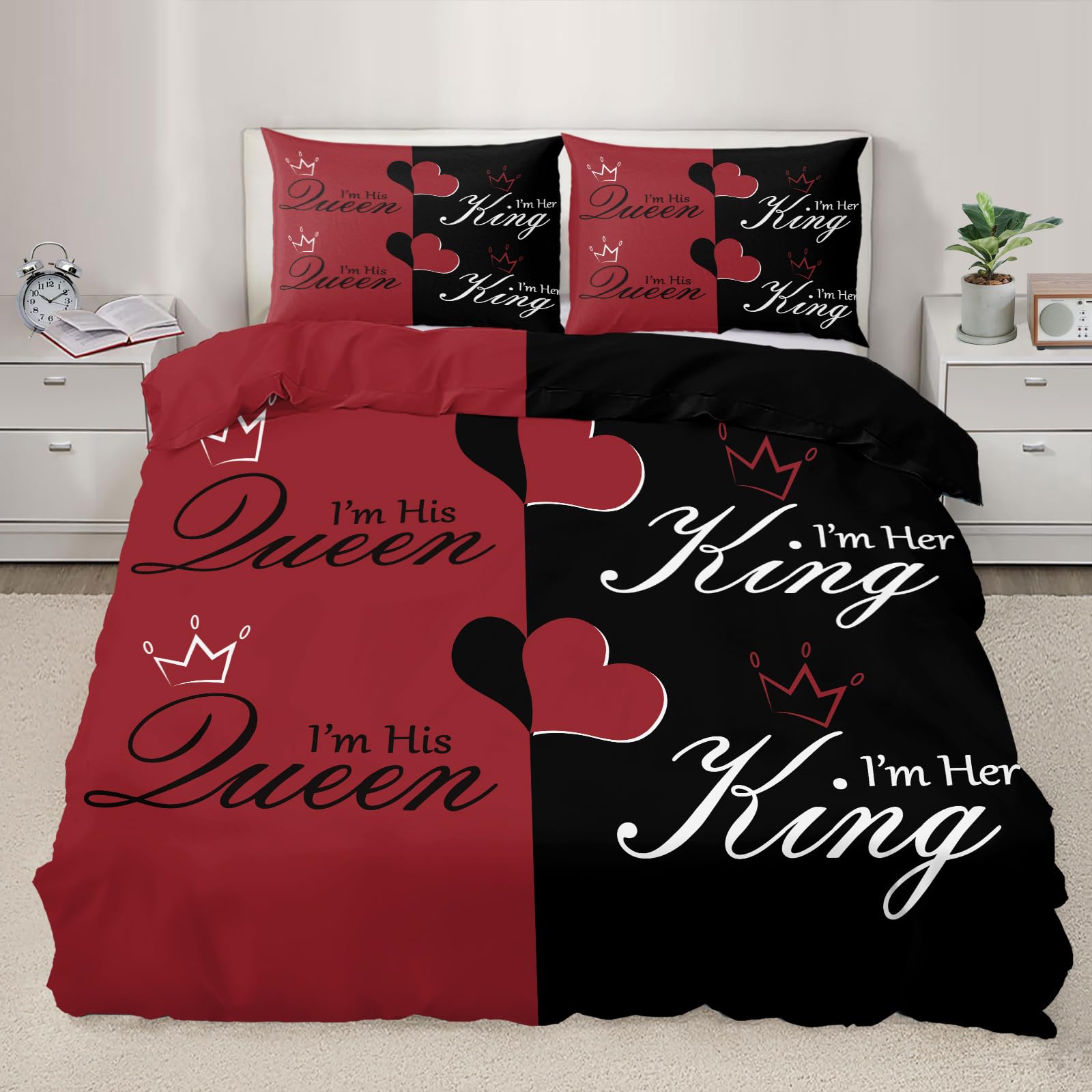 Romantisches King Queen Pärchen Bettwäsche Set Rot Schwarz Herz Krone Bettbezug mit Kissenbezügen Romantische Liebe Bettwäsche Liebesmotiv Schlafzimmer Dekor Super King 260x230 cm