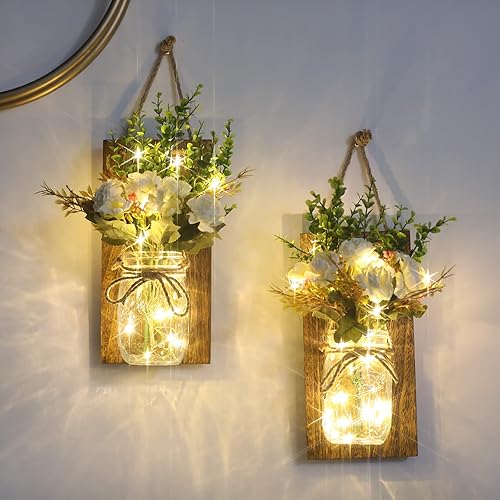 Miniatura 2 de LIGHTESS Aplique de pared con tarro de albañil con decoración de madera de flores, luces LED de hadas rústicas, lámpara de pared para decoración del