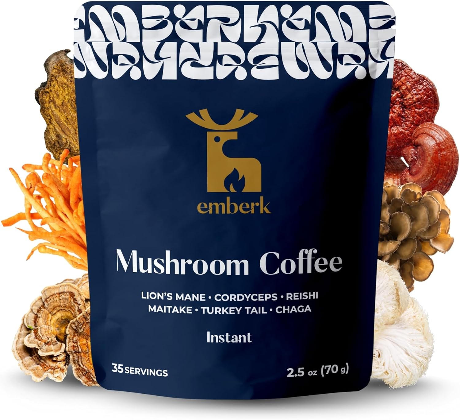Organic Instant Mushroom Coffee – 35 Servings of Arabica Coffee with Six 100% Fruiting Body Mushrooms for Mental Clarity, Sustained Energy, Gut Health and Immune Support – 70g