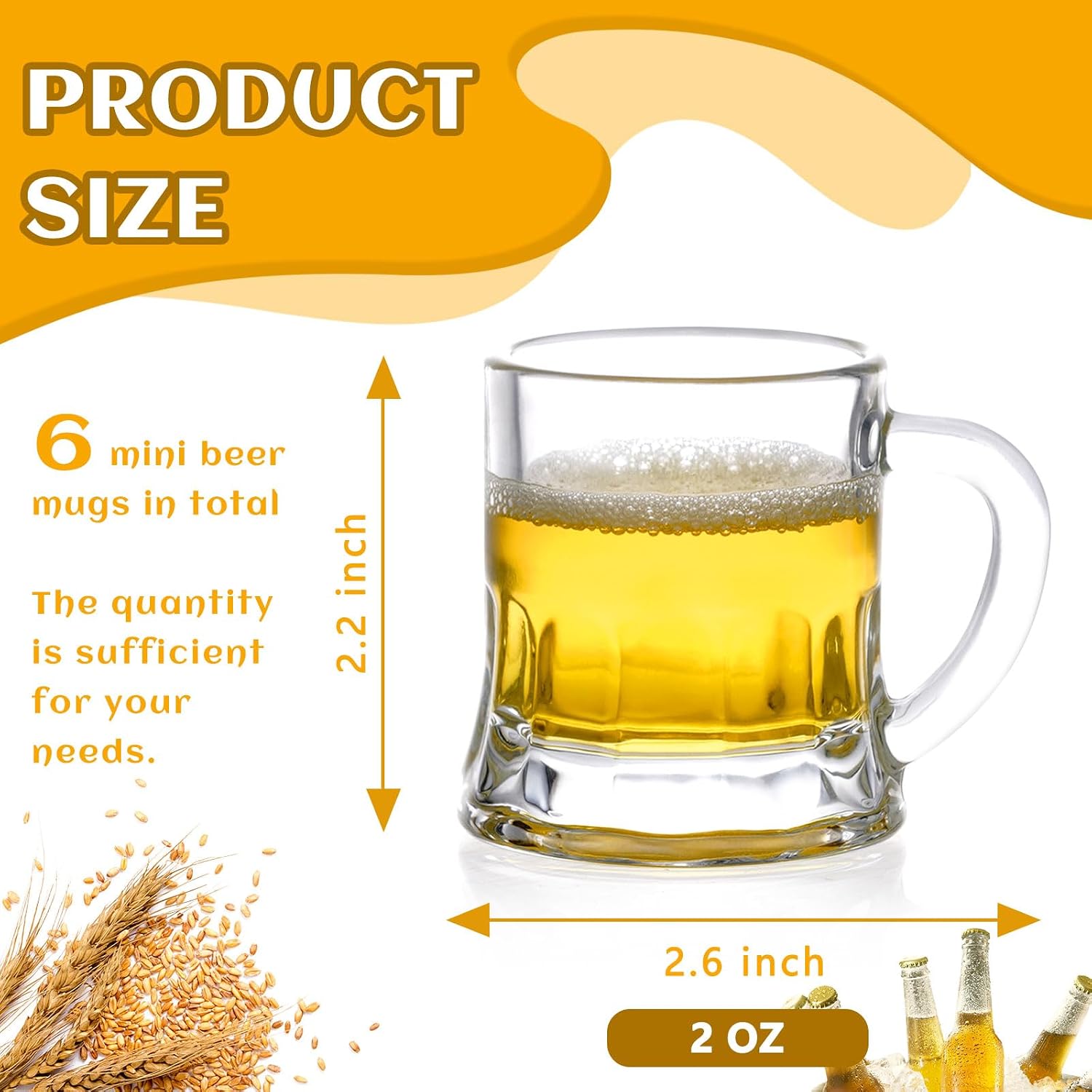 Futtumy 2 OZ Mini Beer Mug Shot Glasses with Handles, Mini Beer Shot Glasses for Party Christmas Birthday BBQ, Beers Mugs for Freezer Men Women Father Dad Beer Whiskey, Beers Mugs Bulk(6 PCS, Glass)