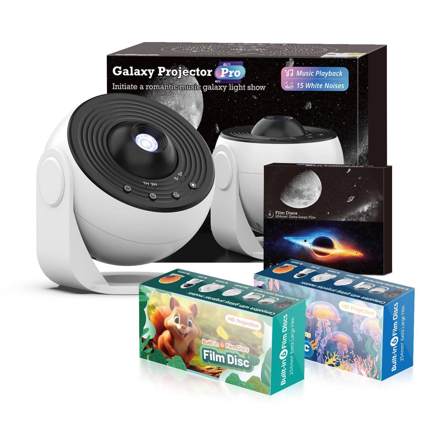 Proiettore Galaxy Pro per camera da letto, proiettore Rusoso Star, 4 K sostituibili, 25 dischi HD Galaxy, rotazione a 360° con timer, luce notturna silenziosa, per camera da letto, luce notturna per