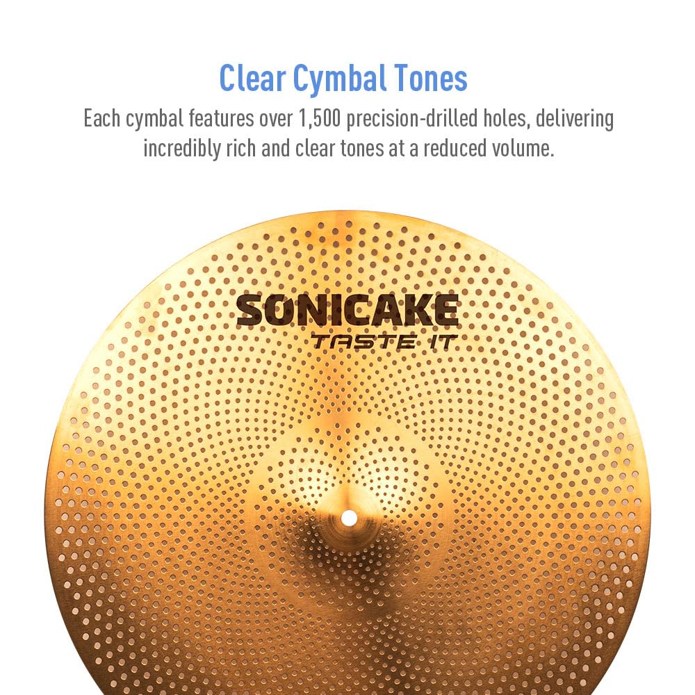 SONICAKE Set Piatti Basso Volume 14" HiHat 16" Crash 18" Crash 20" Ride Dorato 5 pezzi con borsa