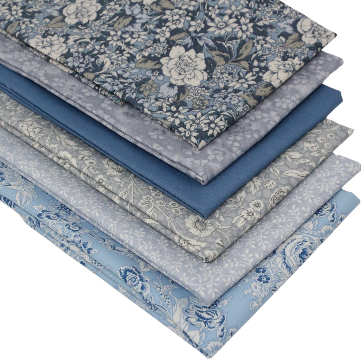 Overdale Fabrics Blue, Grey 6 Fat Quarters Bundle - 'Pretty Petals - Blue' Beautiful Floral Fabrics In Shades Of Blue & Grey. 100% Cotton For Quilting, Patchwork & Crafting (With Free Patchwork Pattern By Overdale Fabrics)