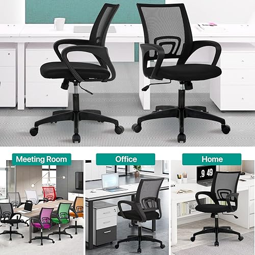 Miniatura 7 de HHS Silla de oficina ergonómica, silla de escritorio de malla con respaldo medio, silla de computadora con soporte lumbar, silla ejecutiva con Negro