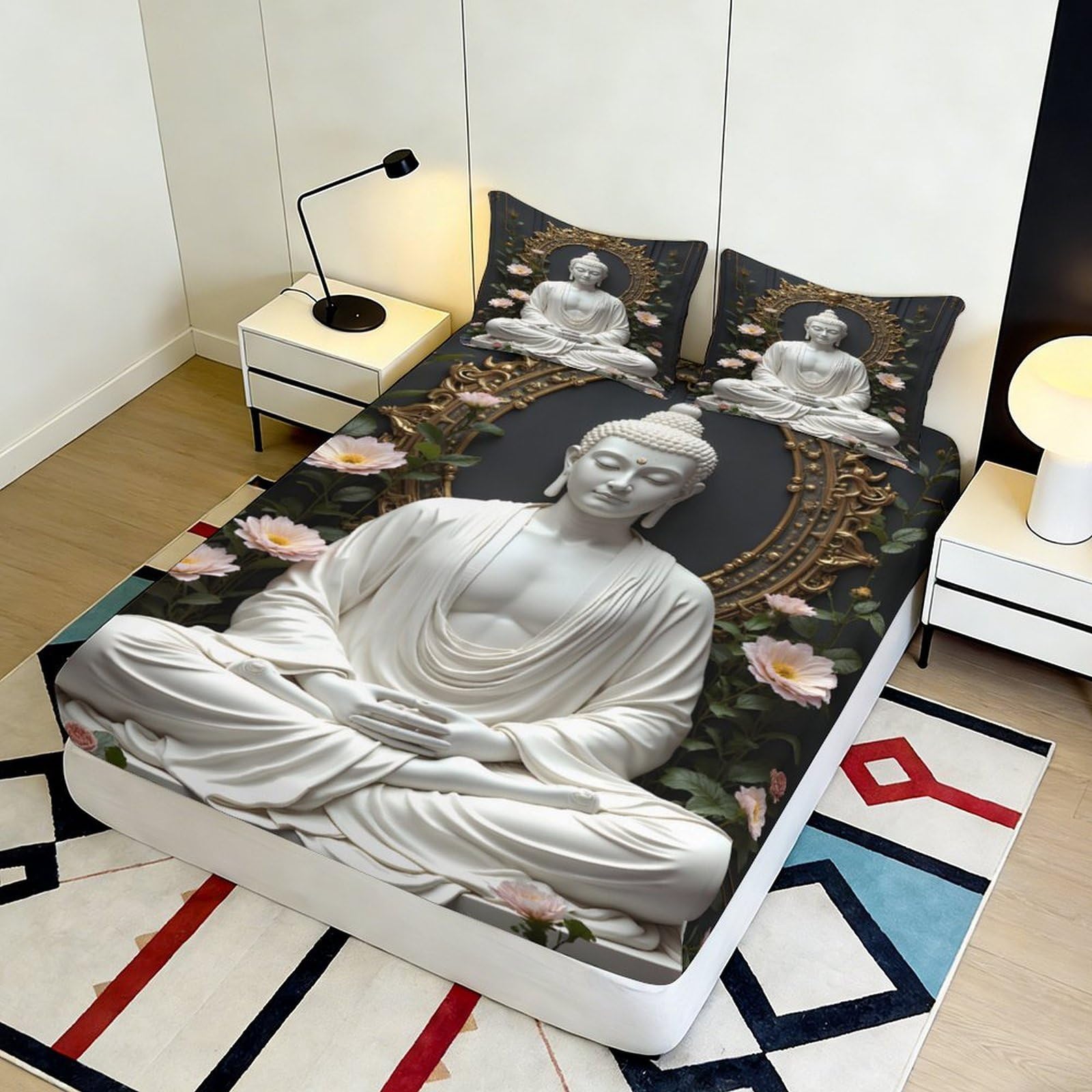 Lenzuolo con angoli elasticizzati con stampa 3D Buddha, in microfibra, antiscivolo, per la casa