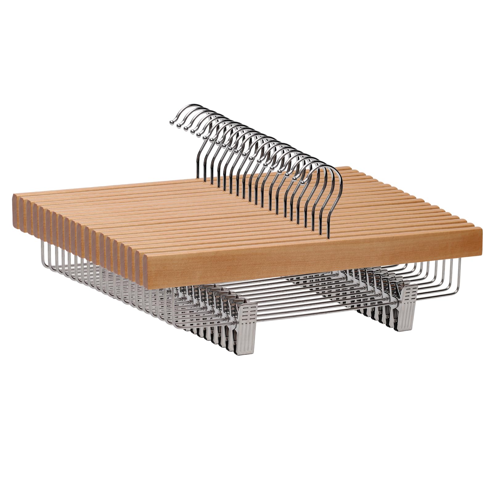 Grucce per pantaloni in legno naturale da 35,5 cm, con clip antiscivolo regolabili, confezione da 20 grucce salvaspazio in legno per gonne, pantaloni e pantaloni, gancio girevole a 360°