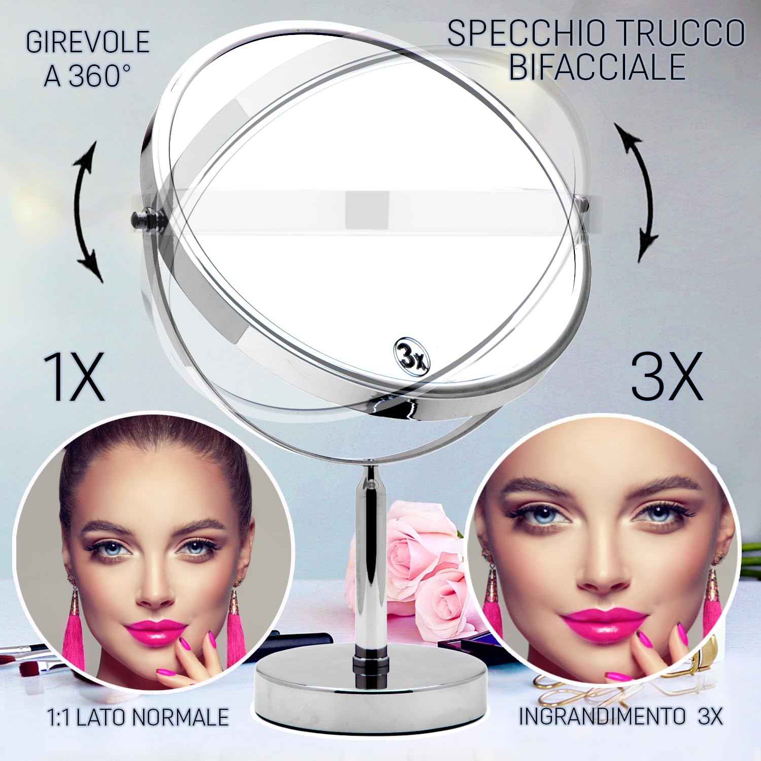 Mirrorvana Specchio da tavolo ingranditore 3X e 1X - specchietto telescopico da bagno per trucco e make up, specchio da appoggio 28 cm (cromato)
